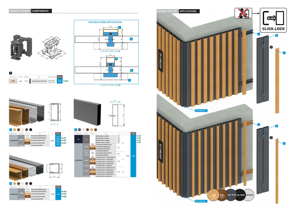 Click-lock connector for facade system with lamellas, 45 x 25 - 20 - Anthracite RAL 7016, 50pcs