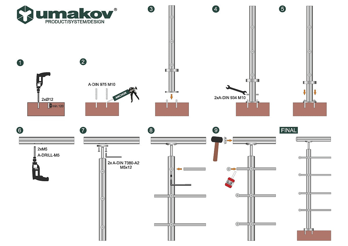 Zábradlie, VK-rovné AISI304, 40x40x2/4xd12/H900/L6