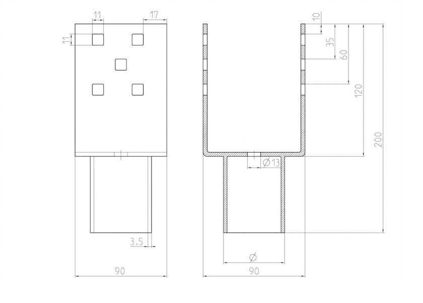 Nadstavec na zemnú skrutku Zn "U" 90x90x120x60mm