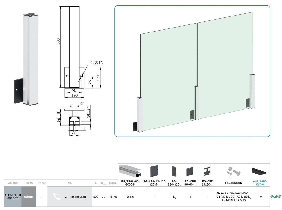 Aluminium Post Profile 56×60 mm - 6 m - Natural
