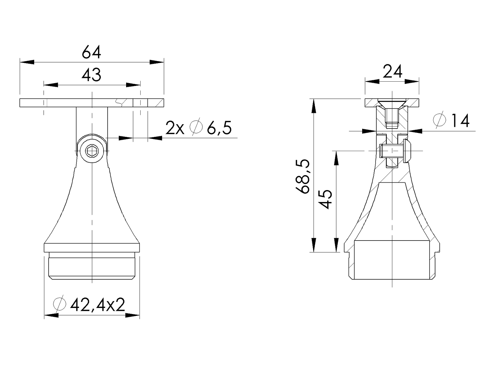 Držiak madla AISI304, 40x40x2/d42,4x2/H67mm