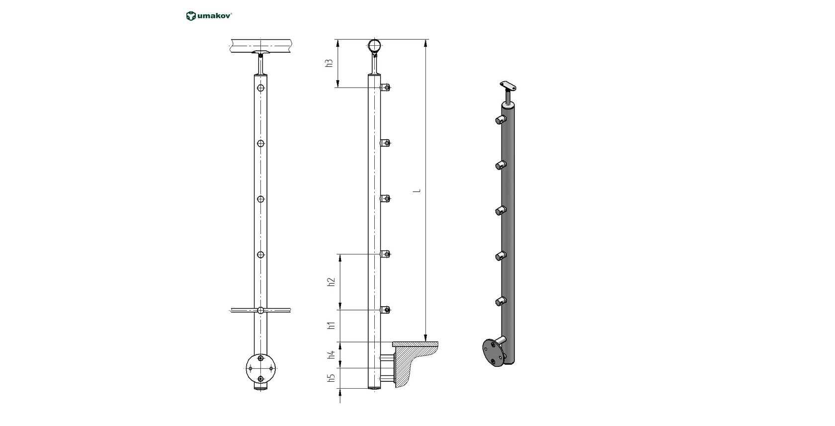 Stĺpik, bočné kotvenie - na schody AISI304, D42,4x