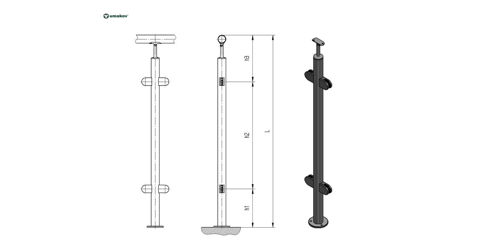 Stĺpik, vrchné kotvenie - obojstranný180° AISI304,