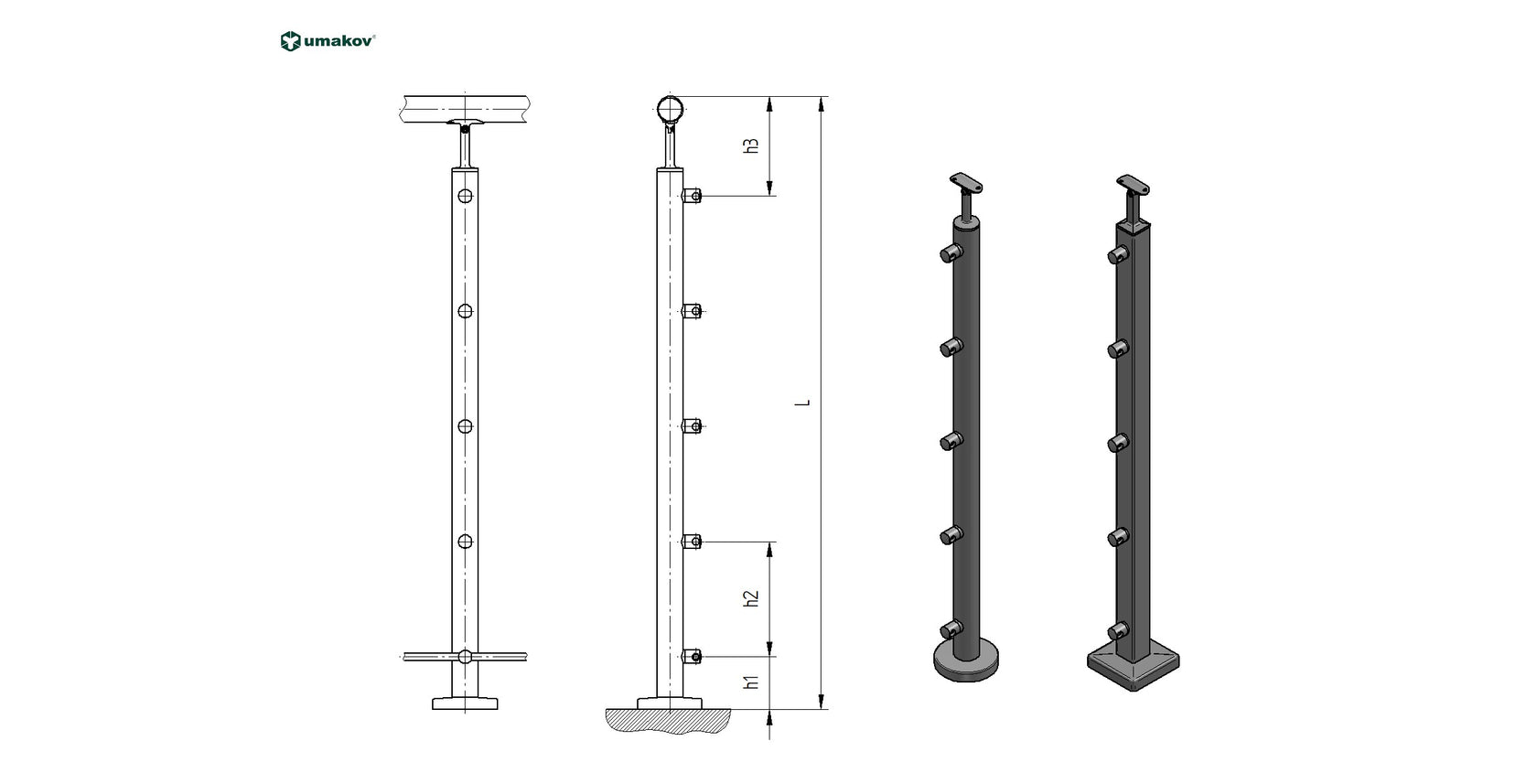 Stĺpik DUB (OAK) D50mm, 5xd12mm, v=100 cm, VK-rovn