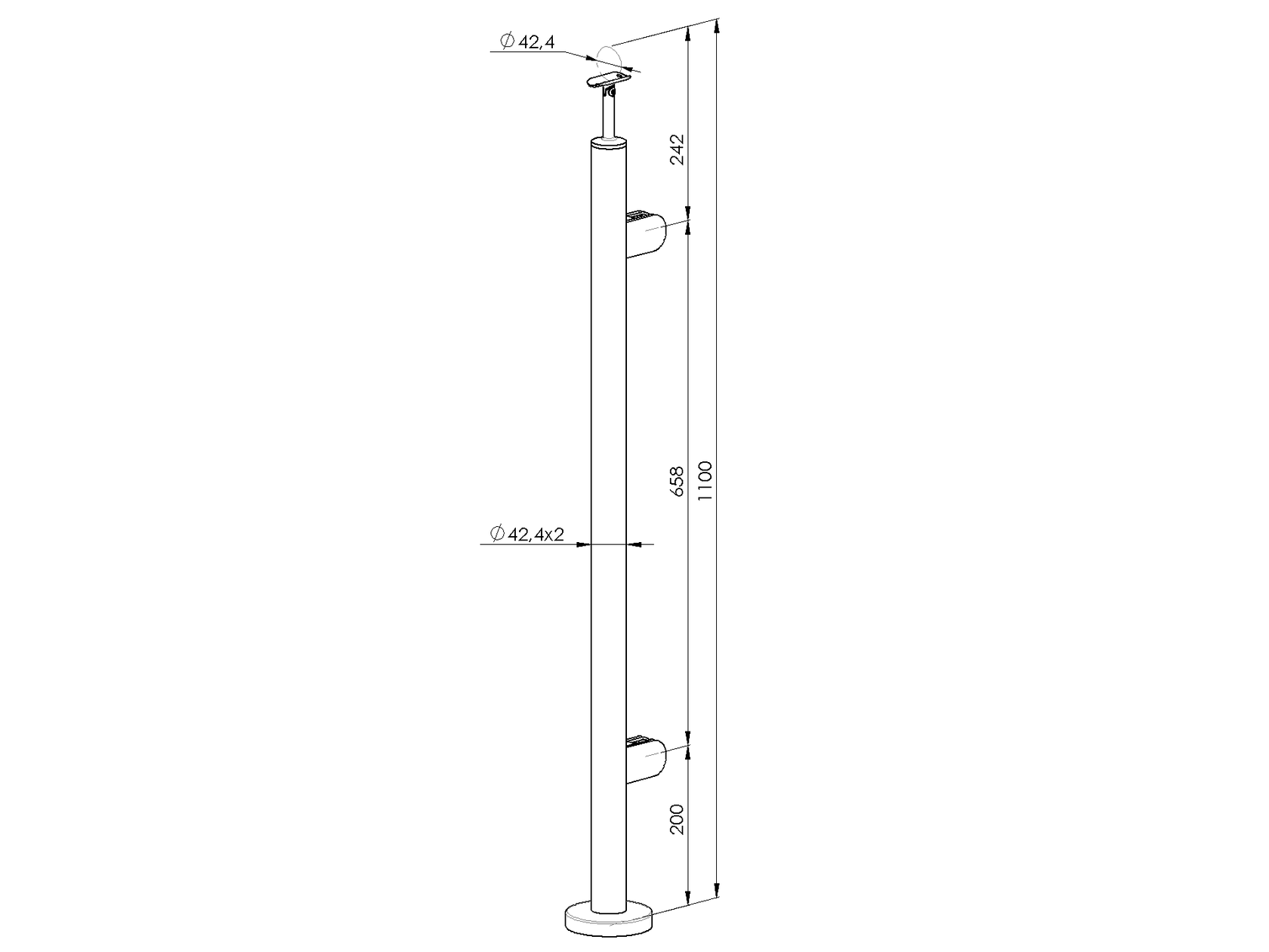 Stĺpik, vrchné kotvenie - pravý AISI304, D42,4x2/2