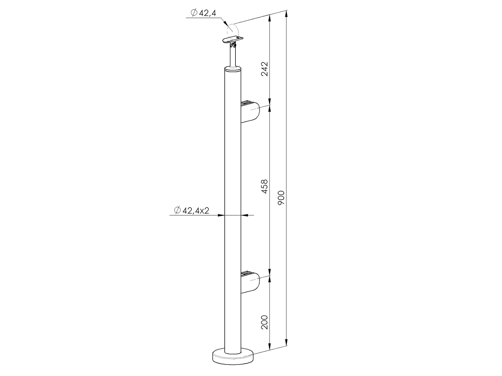 Stĺpik, vrchné kotvenie - pravý AISI304, D42,4/2xm