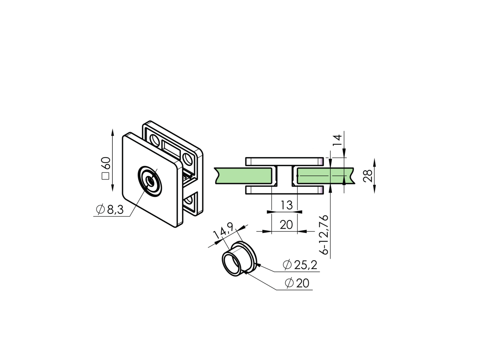 Držiak skla mimoosový obojstrannný