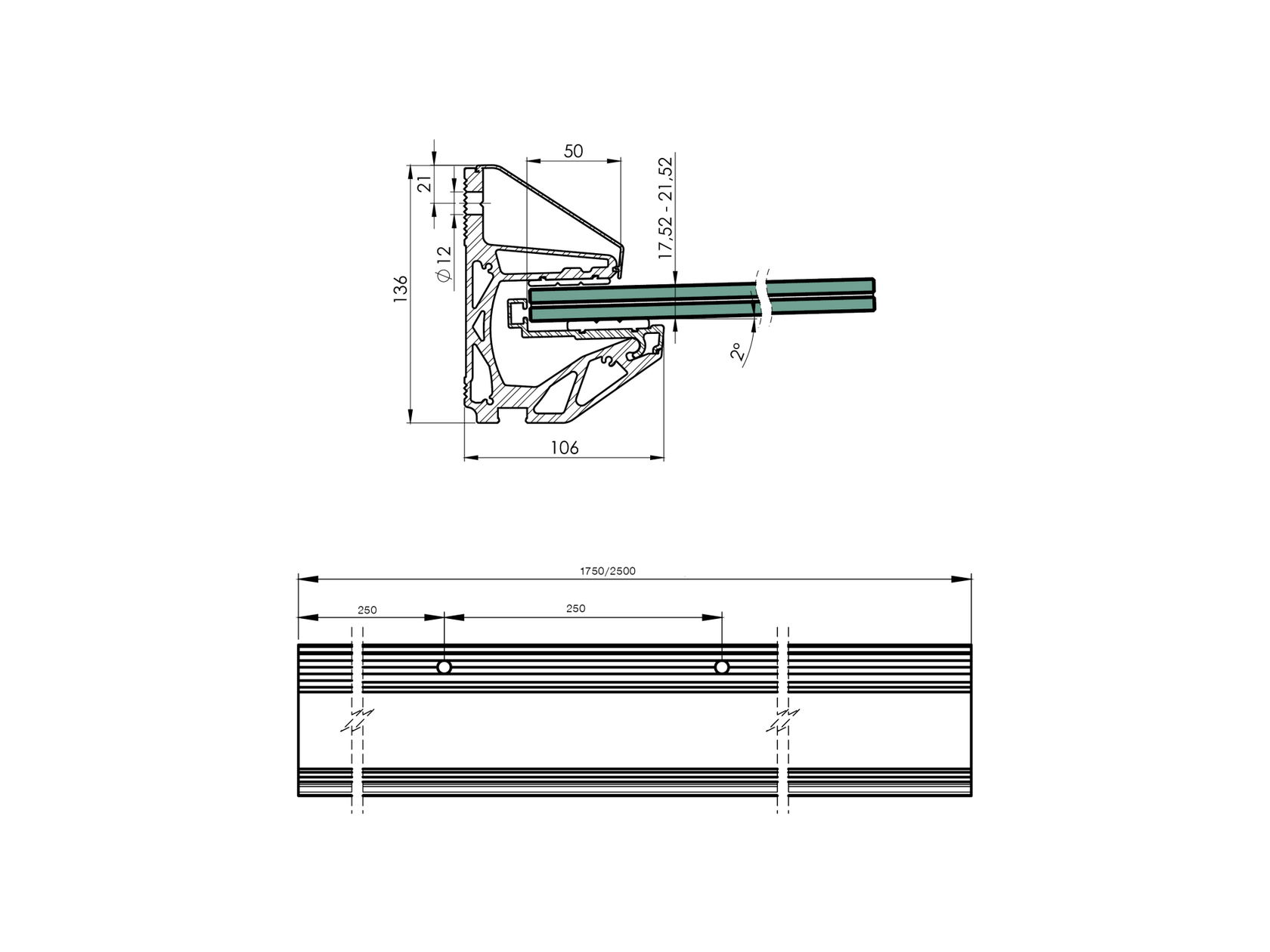 Presklená strieška hliník profil -2°