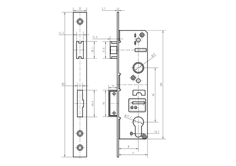 Zámok pre cylin.vložku do JP profilu 60x40mm predná lišta nerez