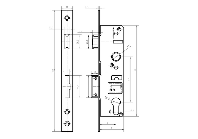 Zámok pre cylin.vložku do JP profilu 60x40mm predná lišta nerez
