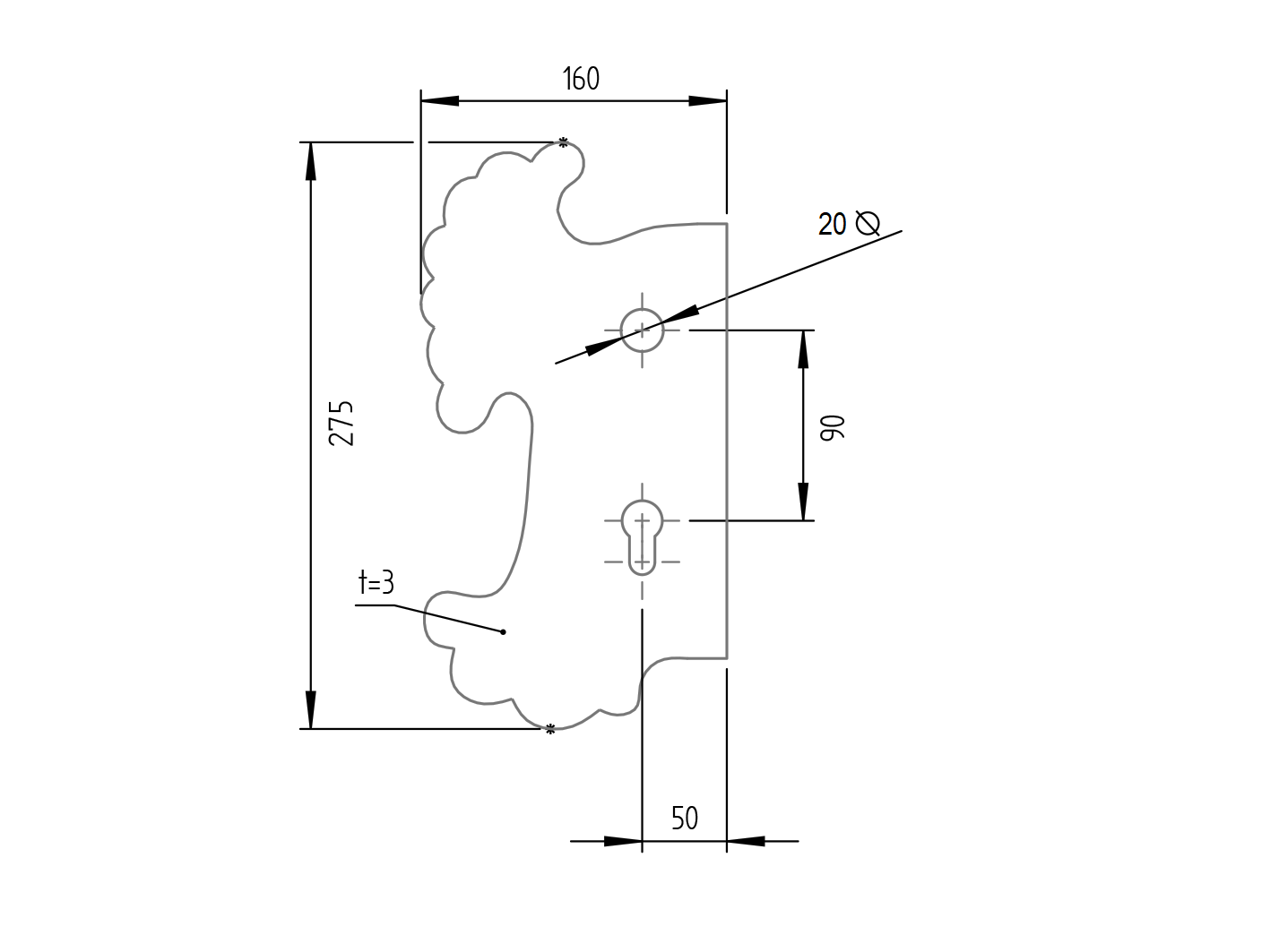 Štítok bránový zdobený Ľ 275x160, t3, C90, D22mm