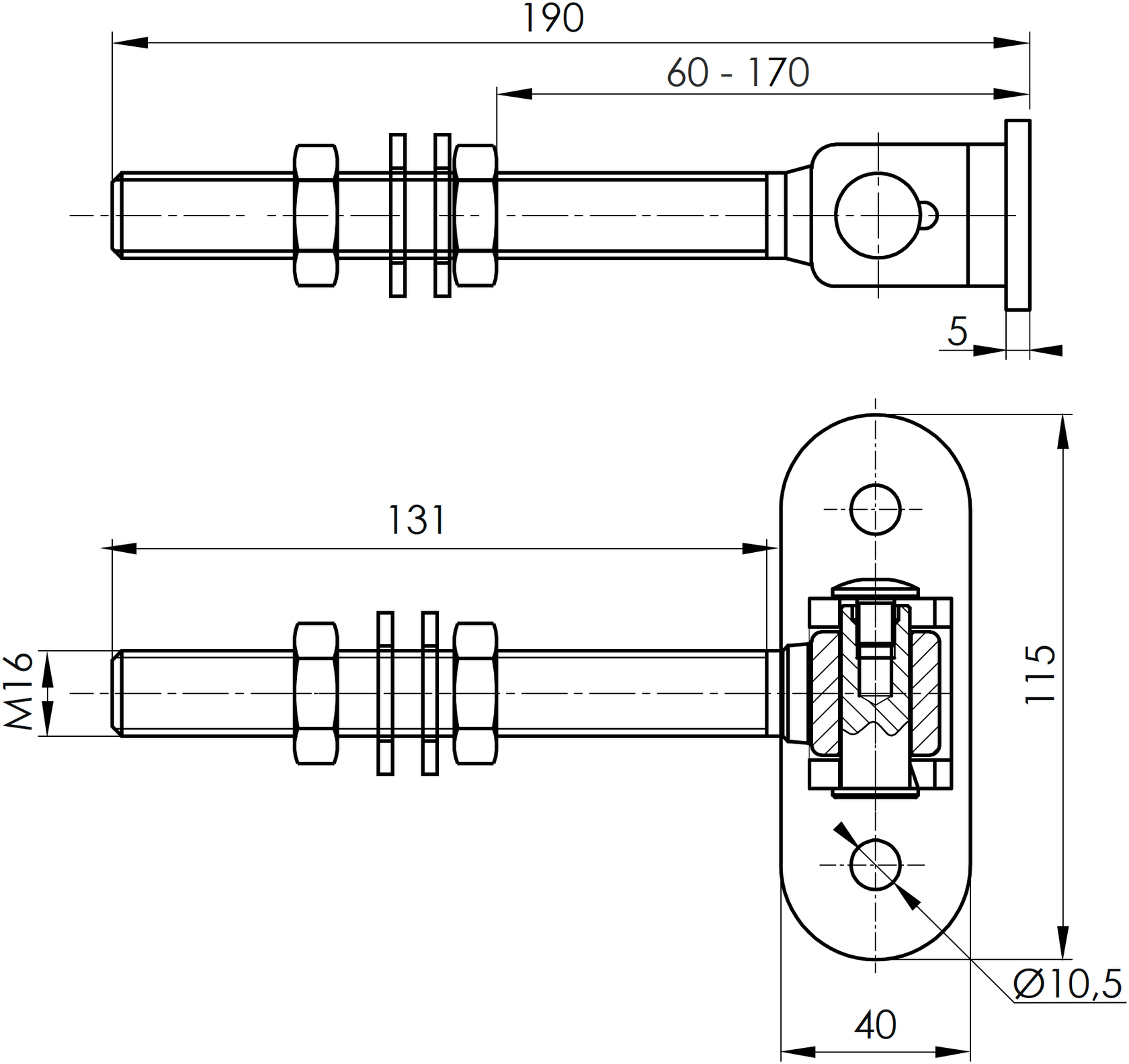 Záves nastaviteľný dlhý s kotviacou prírubou, INOX, M16