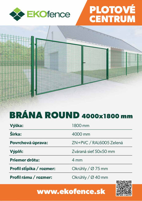 Brána 2kr. ROUND ZnPVC 4000x1800mm, D75mm, zelená
