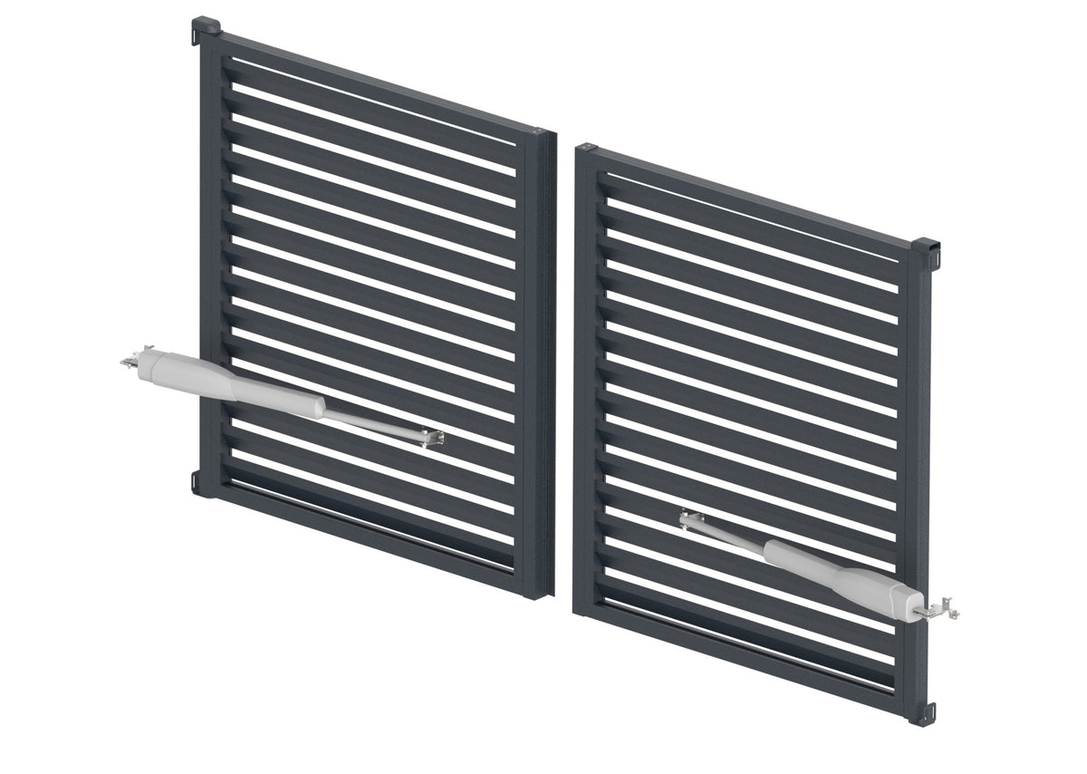 Hliníková žalúziová dvojkrídlová brána s kosodĺžnikovou výplňou 20x105 mm, s pohonom SWING, Antracit R7016 - SET