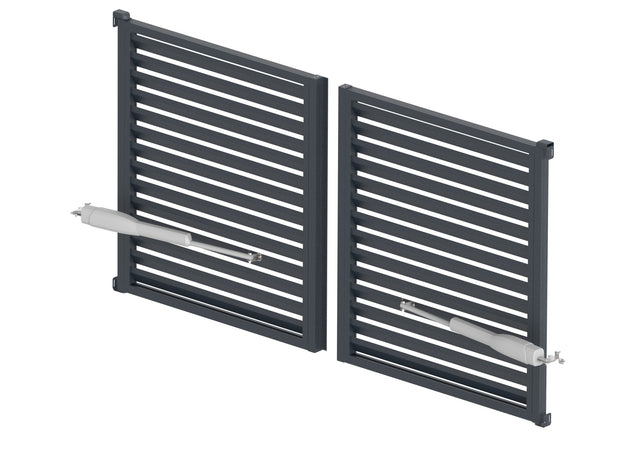 Hliníková žalúziová dvojkrídlová brána s kosodĺžnikovou výplňou 20x105 mm, s pohonom SWING, Antracit R7016 - SET