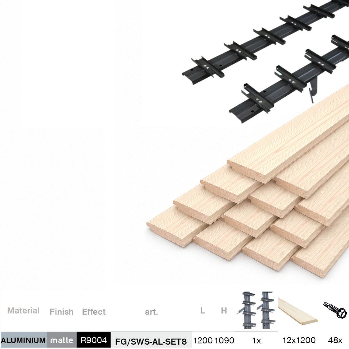 Set čierny hliníkový horizontálny naklápací systém 1,09 m s 1,2 m drevenou borovicovou výplňou 19x95