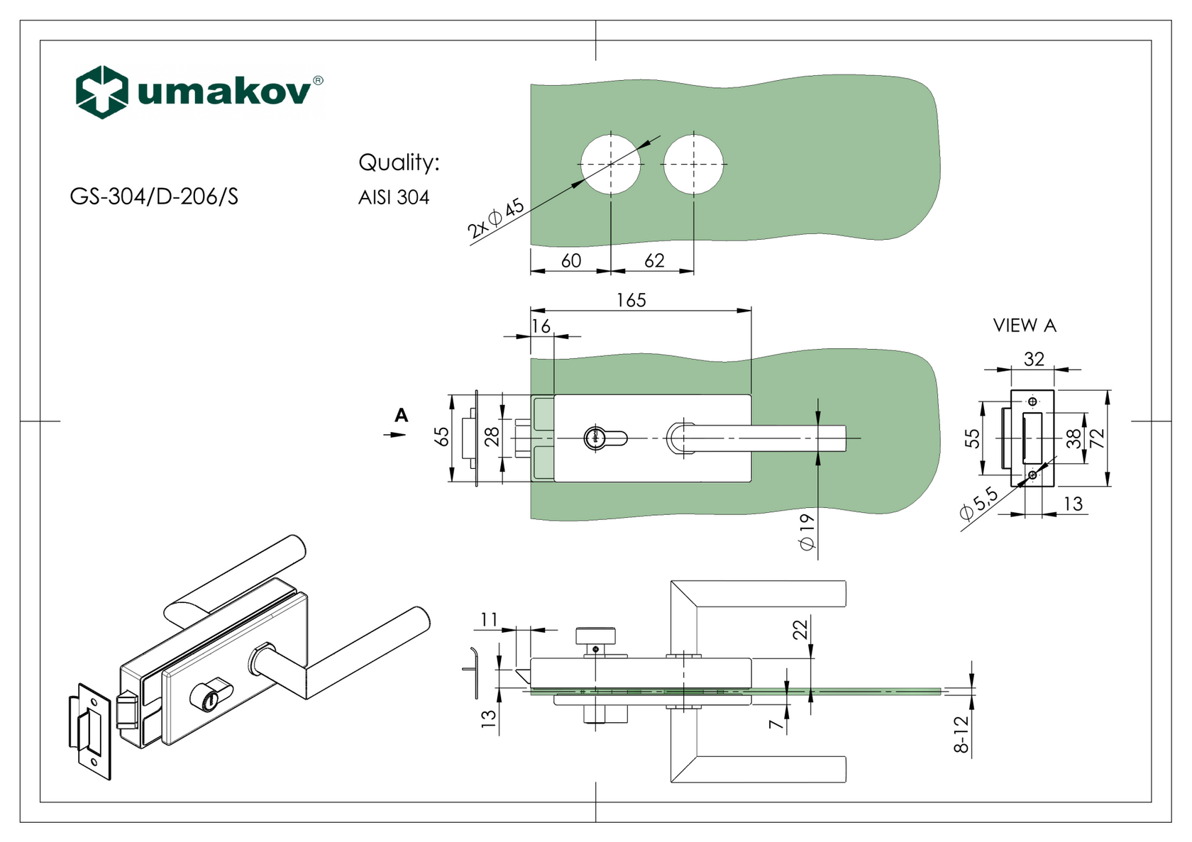 Zámka pre sklenené dvere AISI304 + vložka PZ