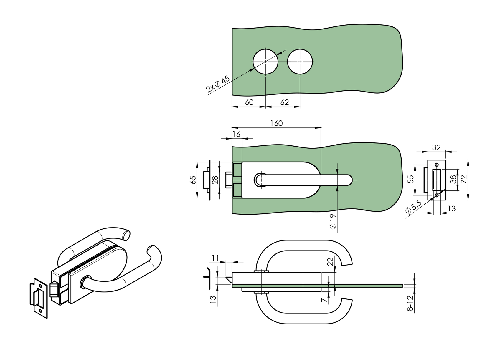 Zámka pre sklenené dvere AISI304 UV