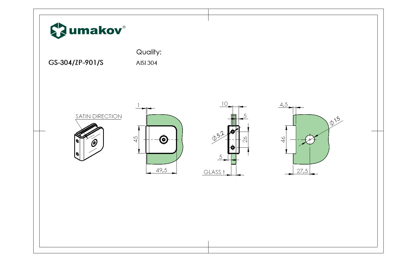 Zasklenie pevne - držiak skla, AISI 304, T 8-10 mm