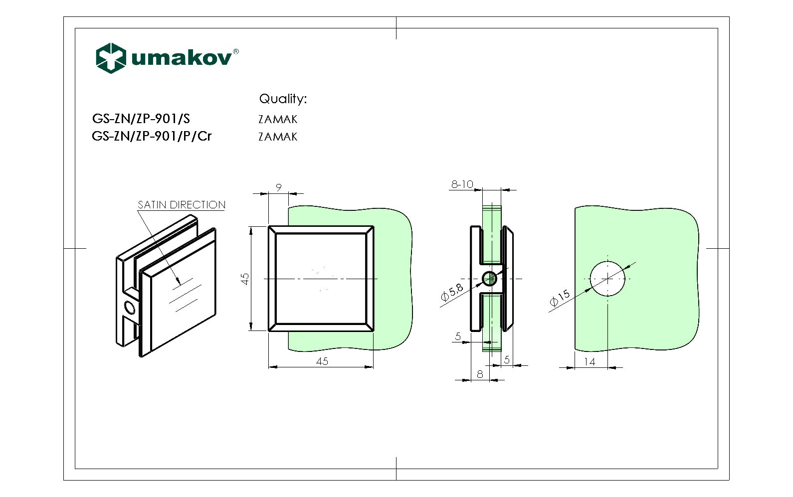 Zasklenie pevne - Zamak, 45x45x20/T 8-10 mm