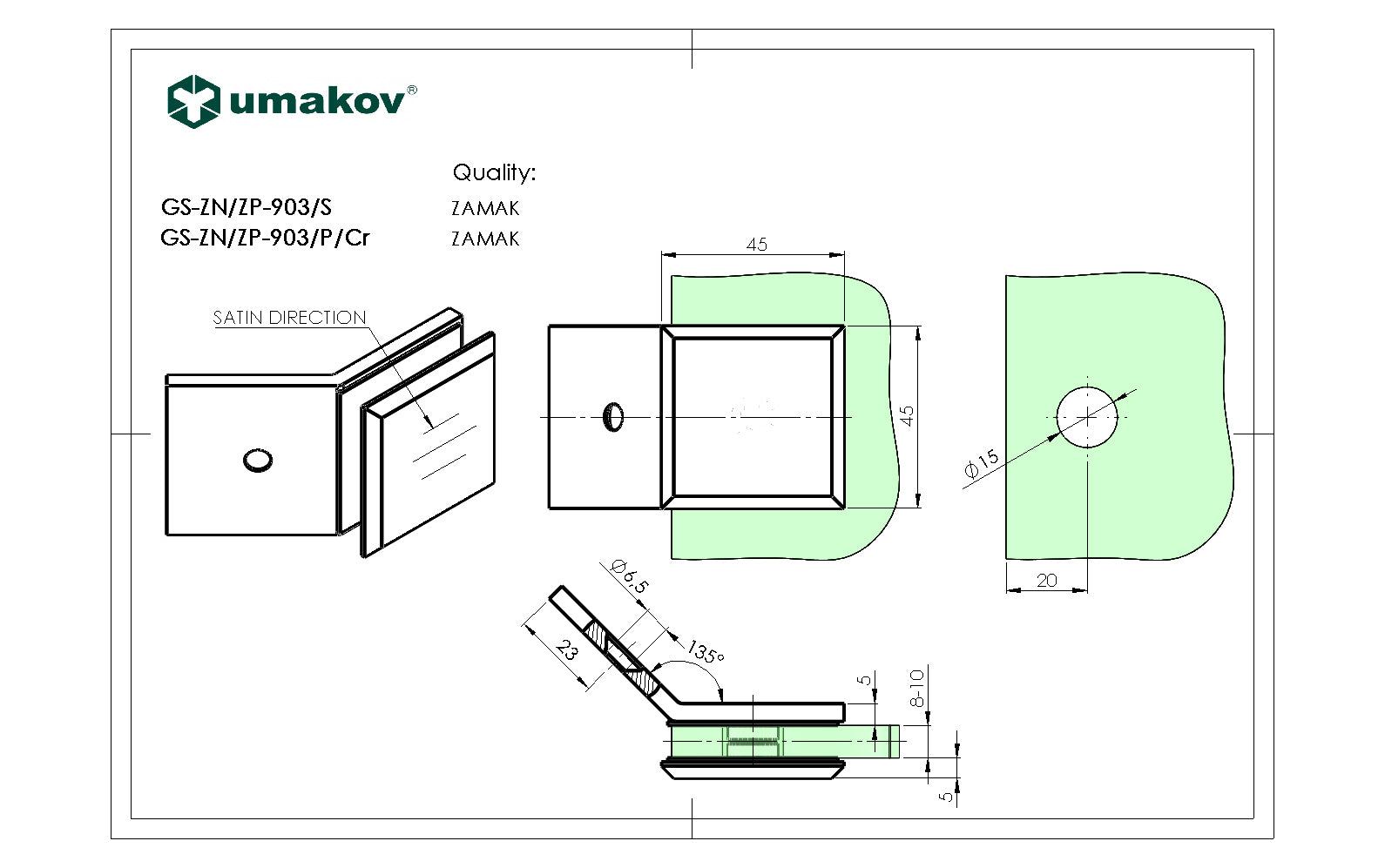 Zasklenie pevne - držiak skla, 135°,Zamak,T 8-10mm