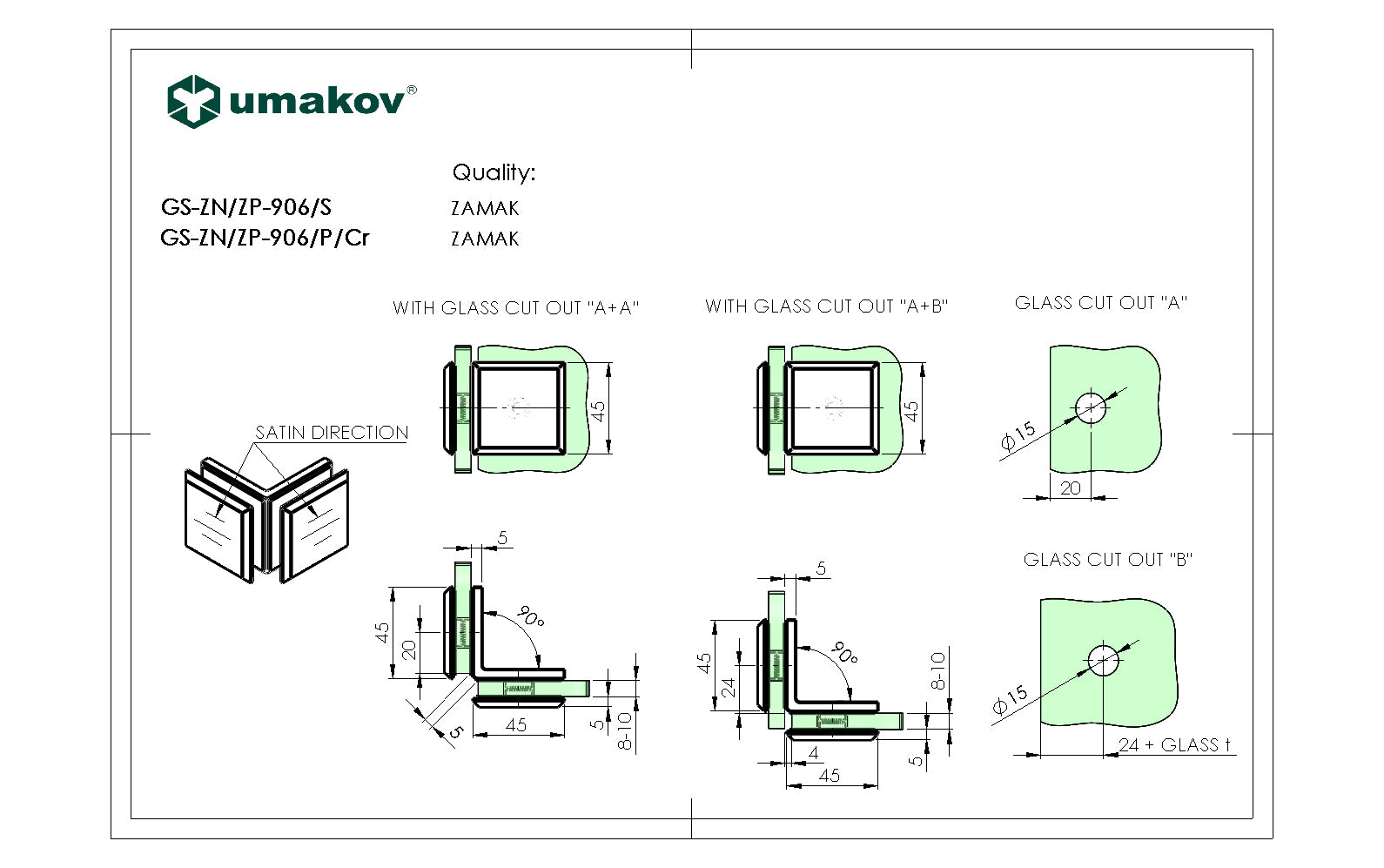 Zasklenie pevne - spojka skla 90° Zamak, T 8-10 mm