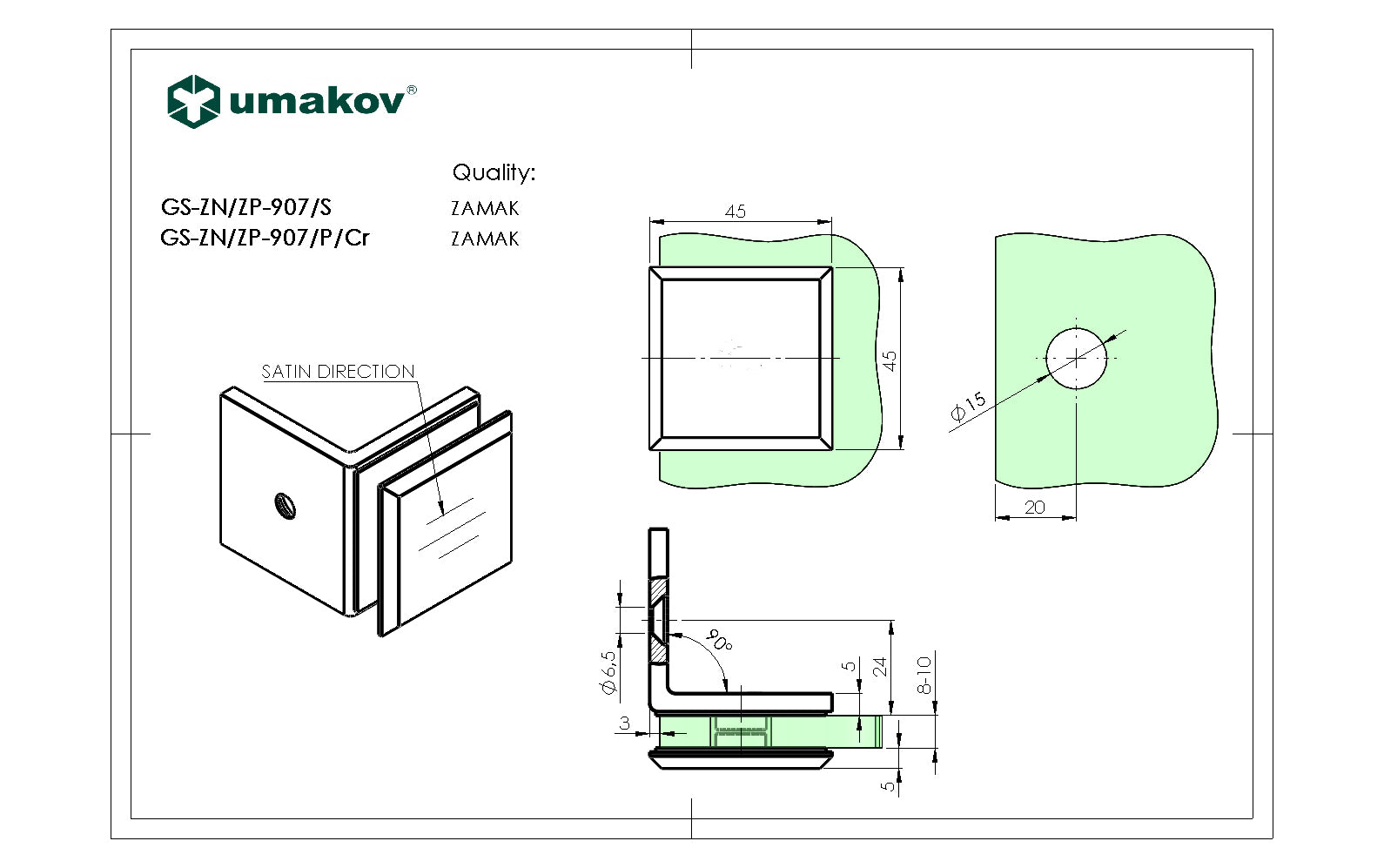 Zasklenie pevne - držiak skla, 90°,Zamak,T 8-10mm