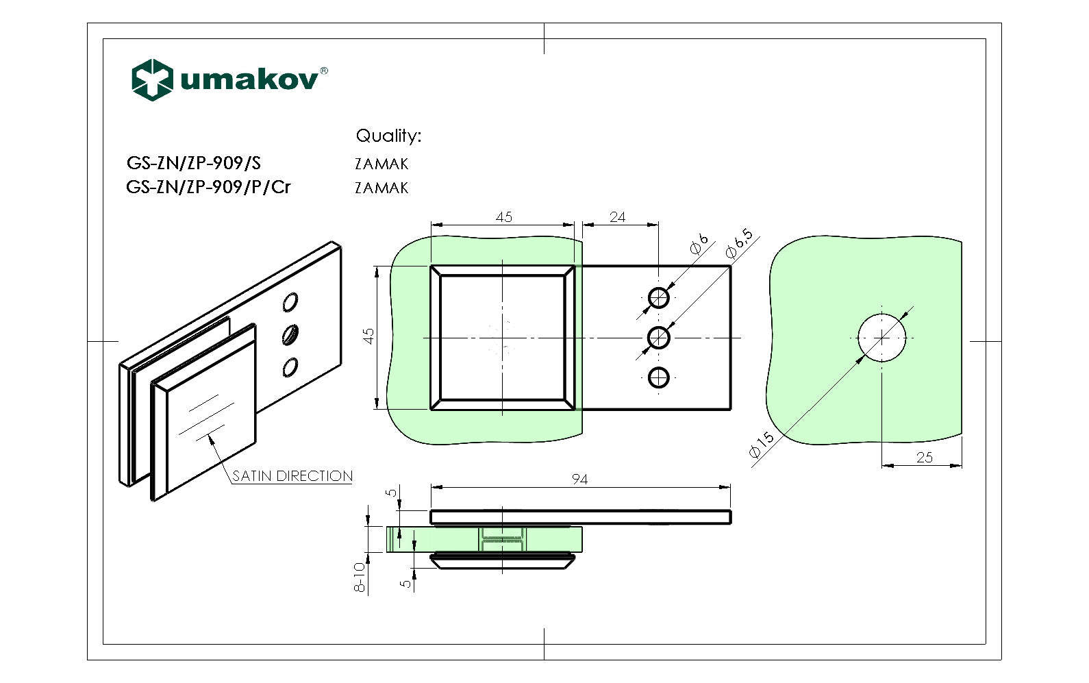 Zasklenie pevne - držiak skla, Zamak,T 8-10mm