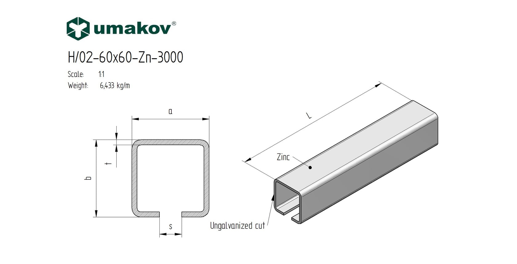 Profil vodiaci spodný Zn, 60x60x4mm, L3m