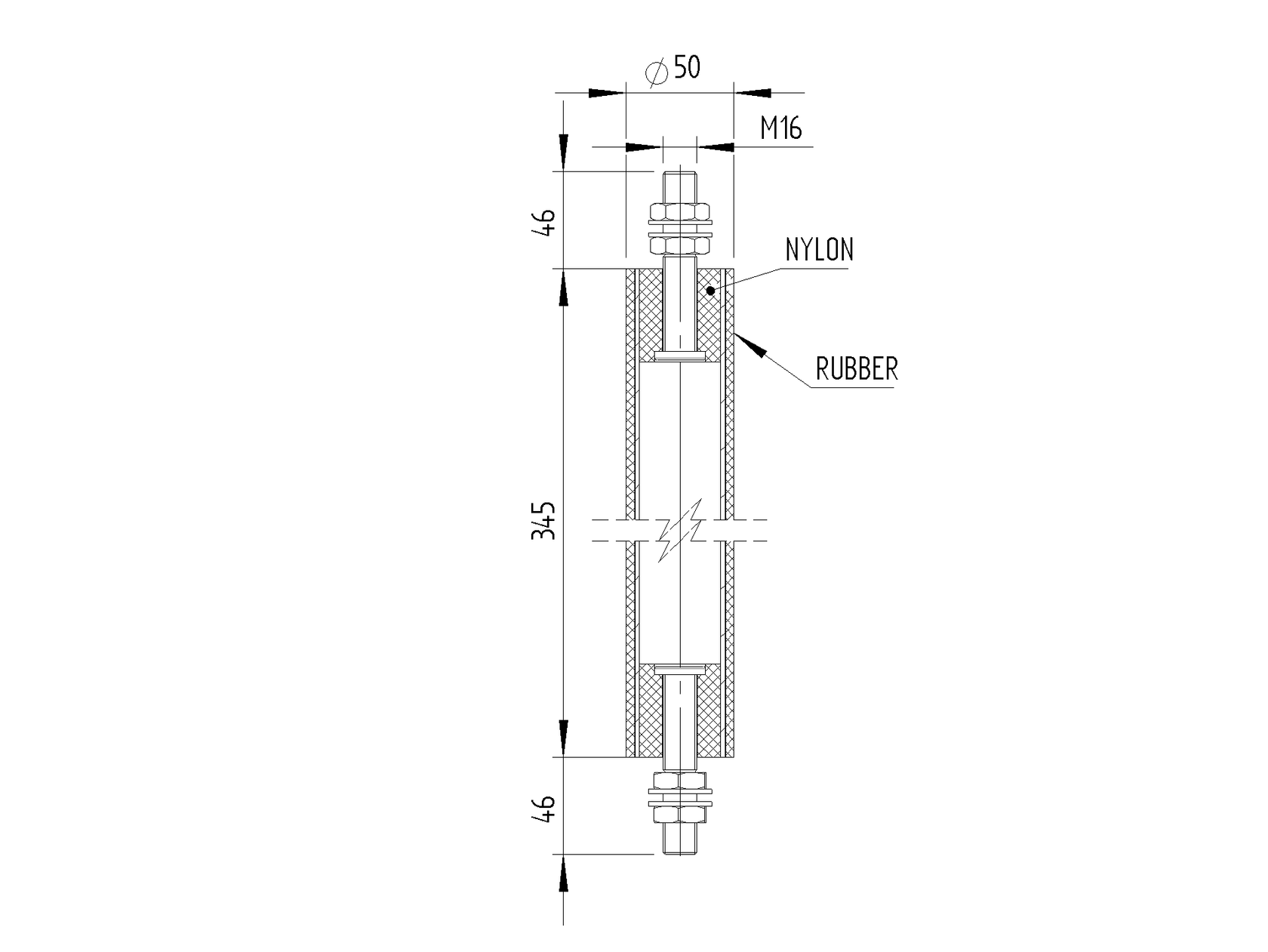 Vedenie horné valcové - rúra D50, H340mm, guma