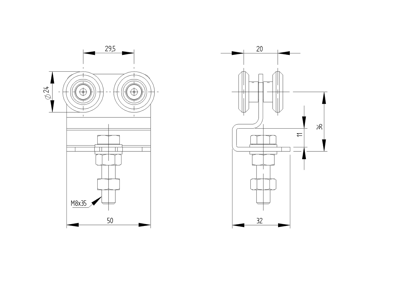 Štvorkoliesko závesné Zn, profile 33x34mm