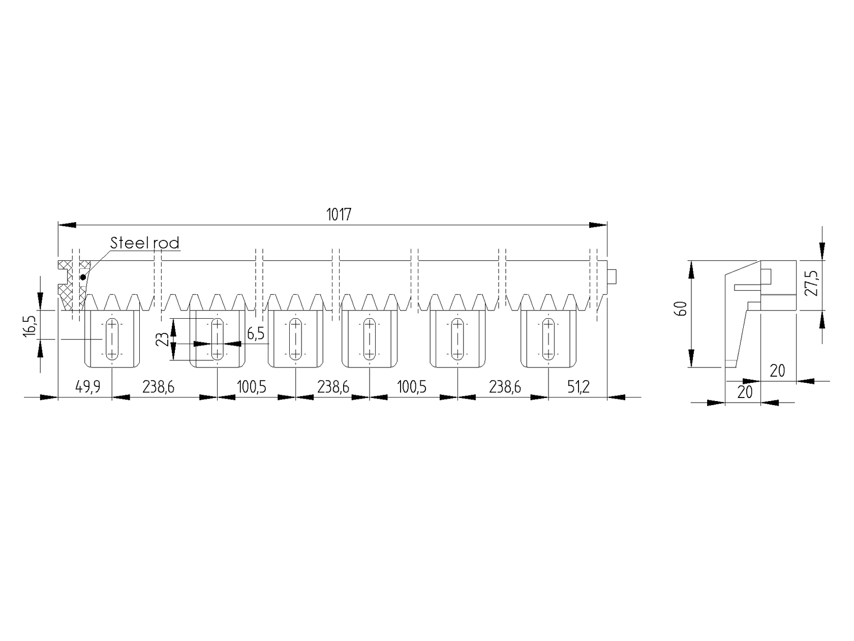 Hrebeň plastový PVC+Fe,27x20mm,L1m,max 700kg