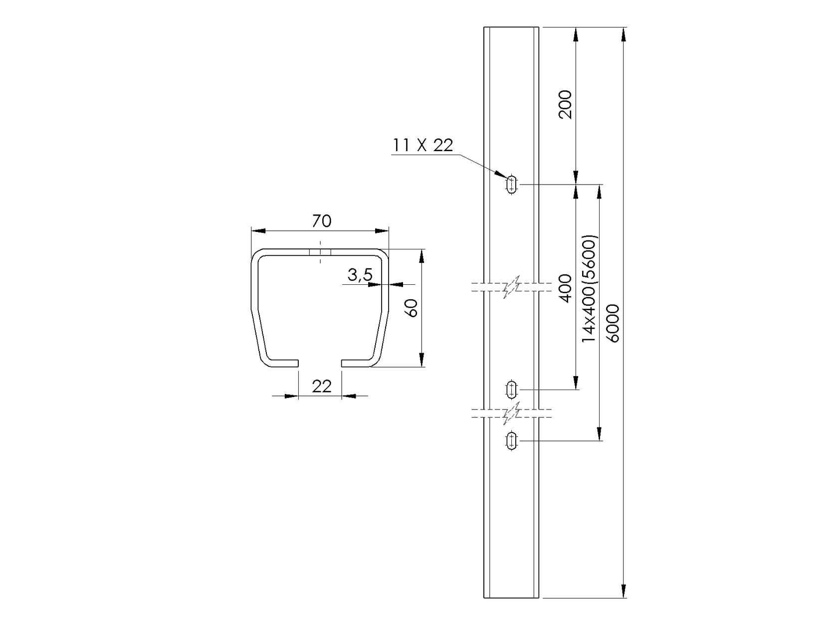 Profil vodiaci s otvormi Zn, 70x60x3,5mm, L6m