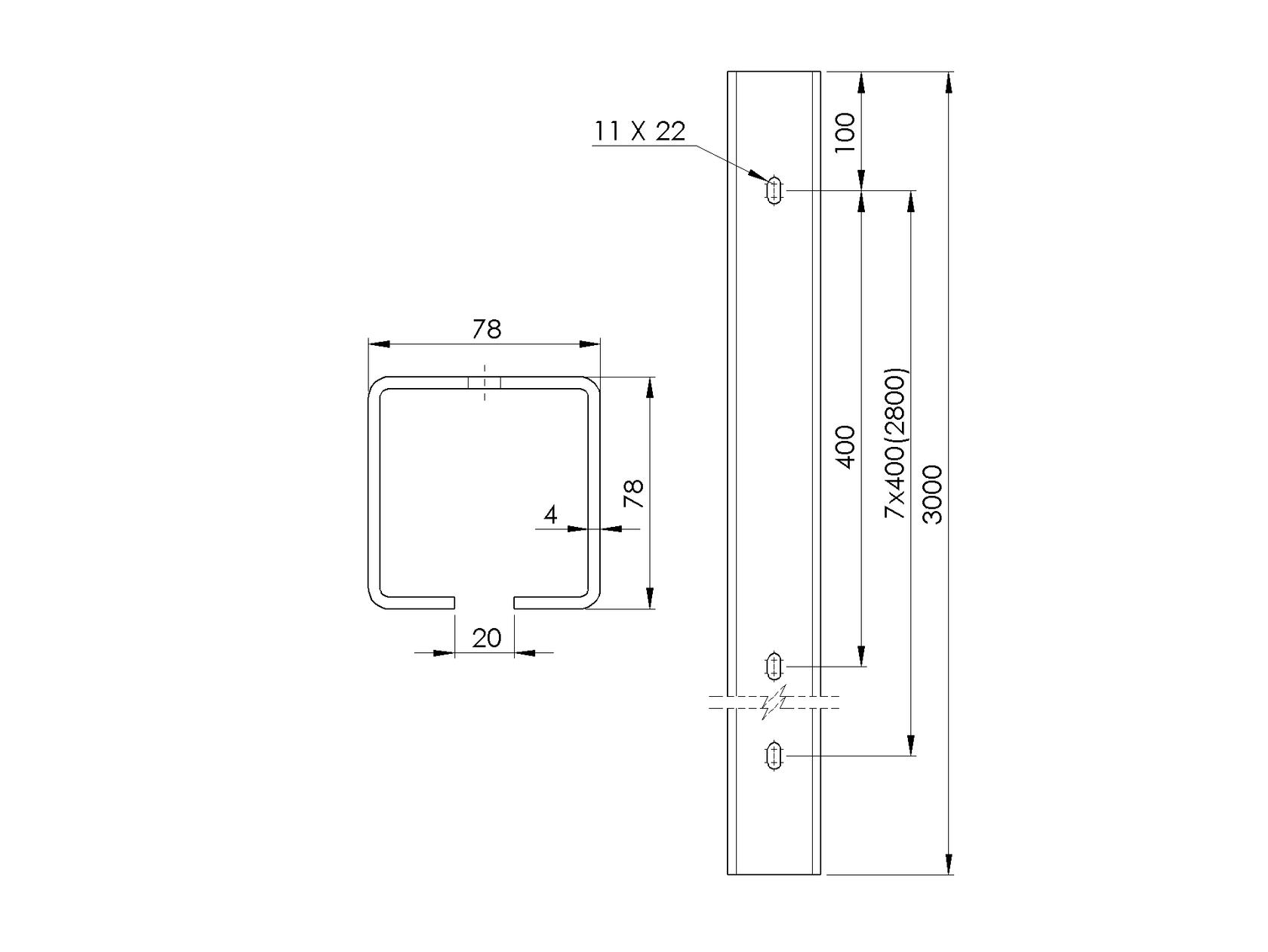 Profil vodiaci s otvormi Zn, 78x78x4mm, L3m