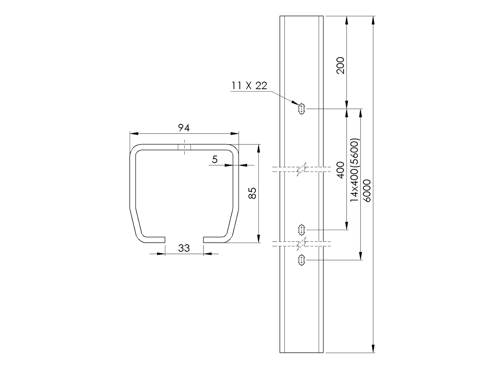 Profil vodiaci s otvormi Zn, 94x85x5mm, L6m