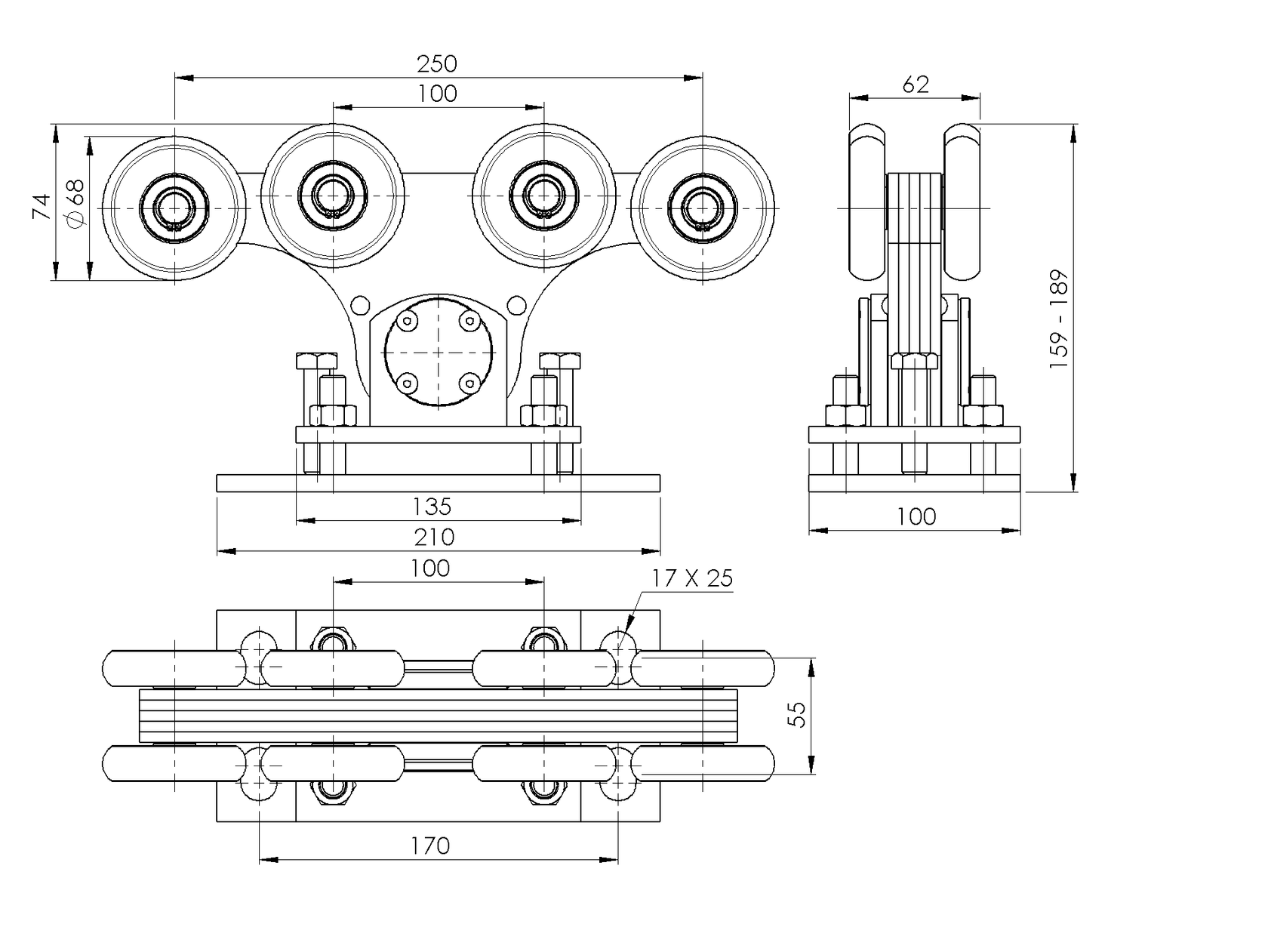 Vozík nosný Zn+NYLON, profile 90x99mm