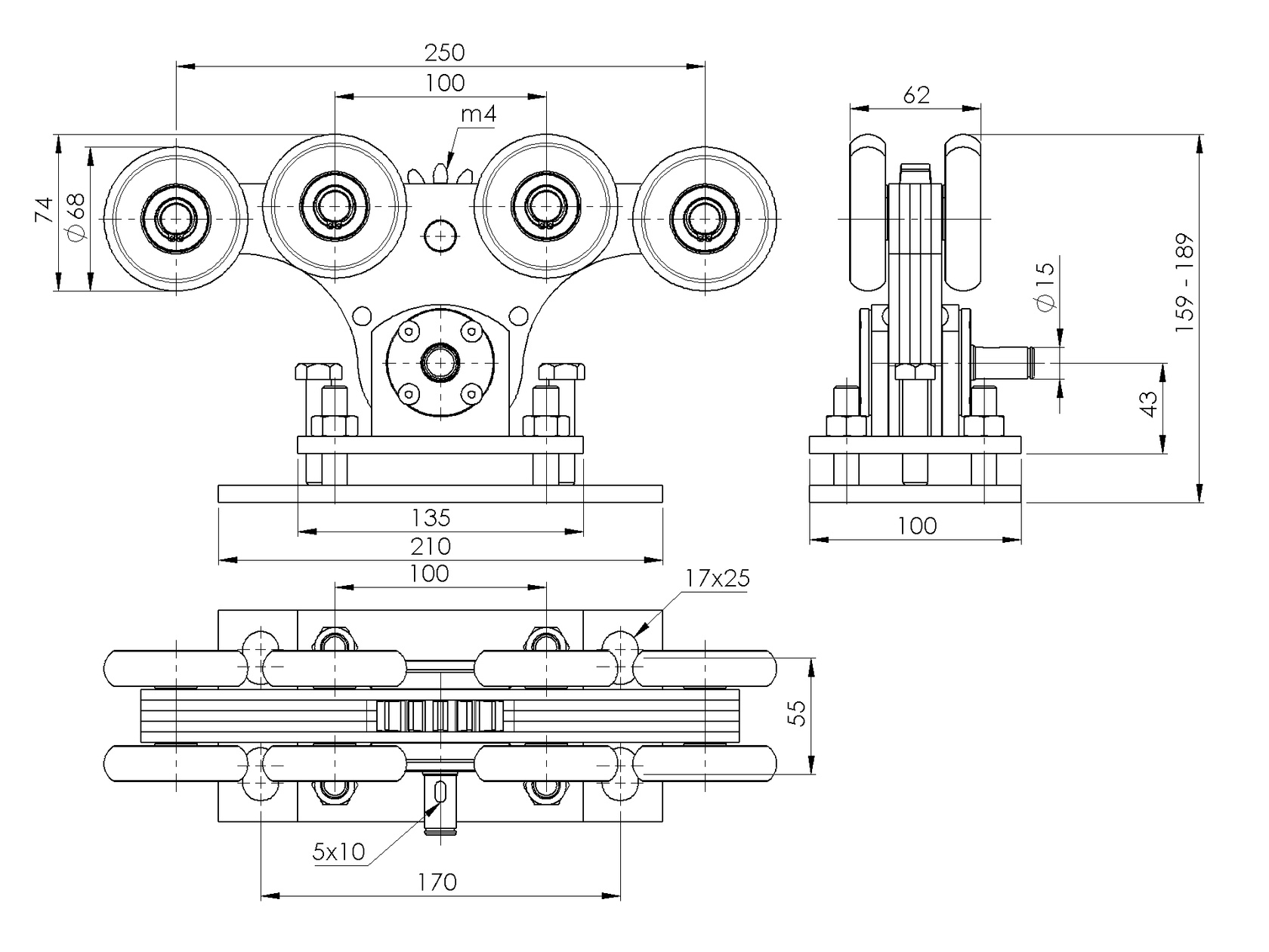 Vozík nosný Zn+NYLON, profile 90x99mm