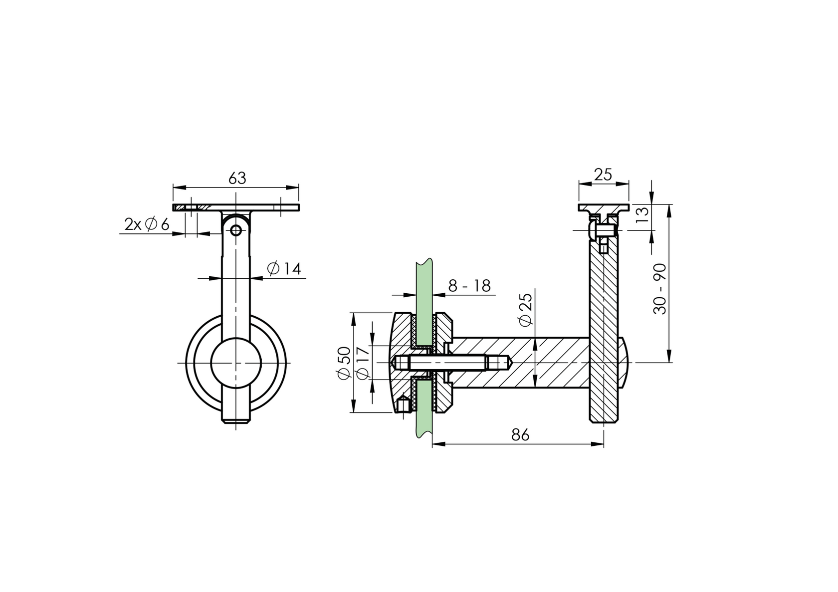 Držiak madla na sklo AISI304, 40x40x2/b80mm