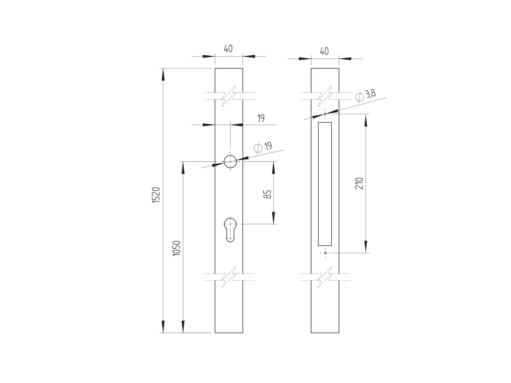 Zámková krabica k zámku B8/30-20x85, nerezová, 40x40x1500