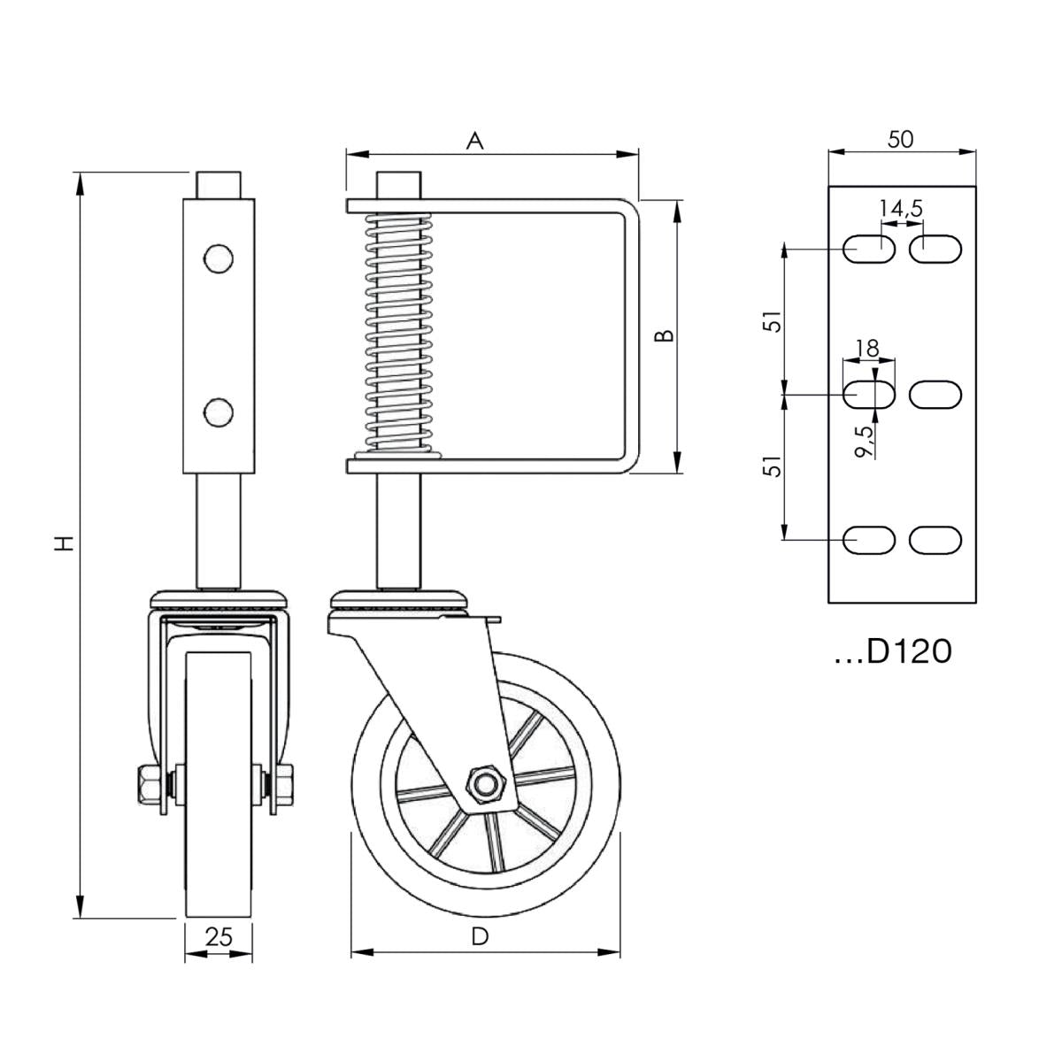 Spodné koliesko pre krídlové brány, s pružinou