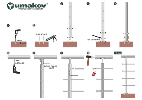 Zábradlie, VK-rovné AISI304, 40x40x2/4xd12/H900/L6