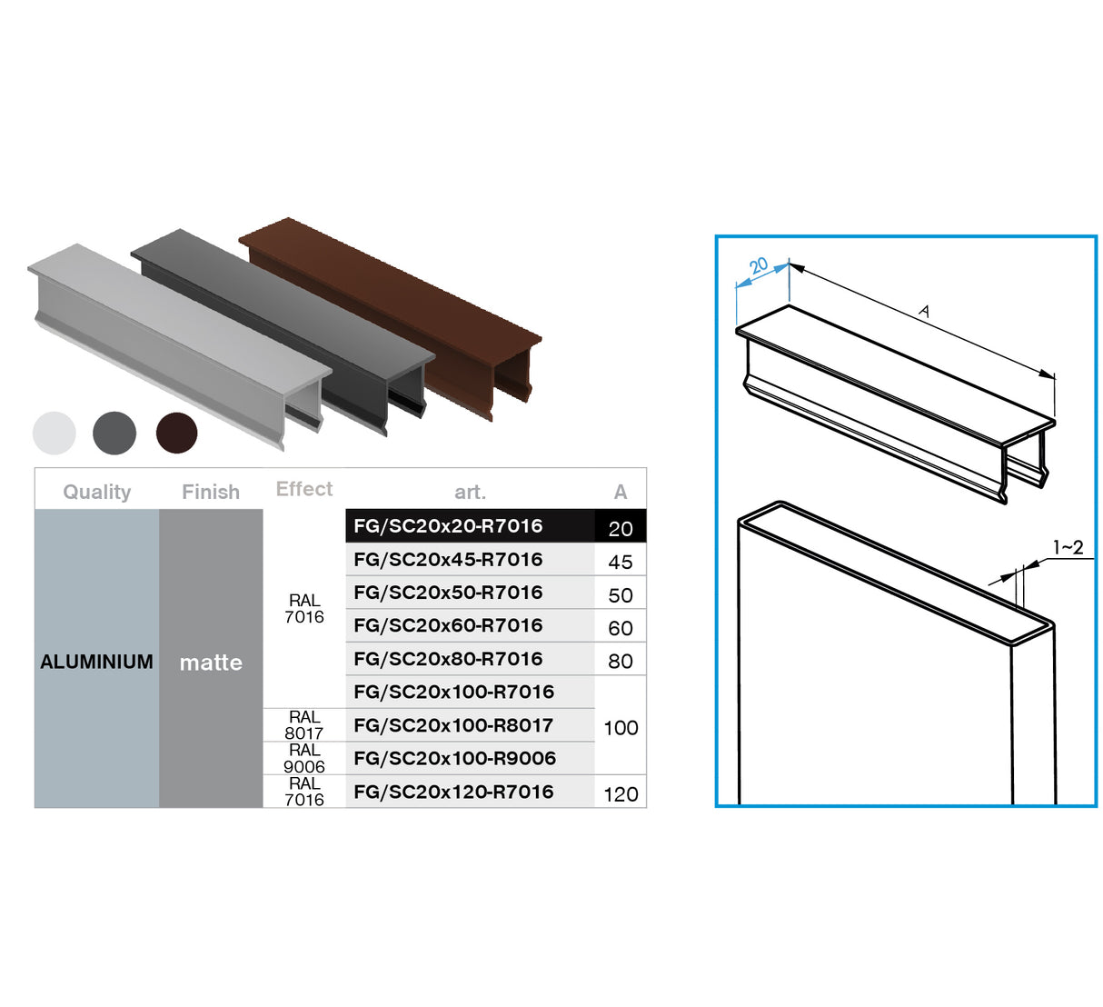 Hliníková krytka vertikálnej plotovej výplne a fasádnej rohovej lišty, 20x20 - Antracit  R7016
